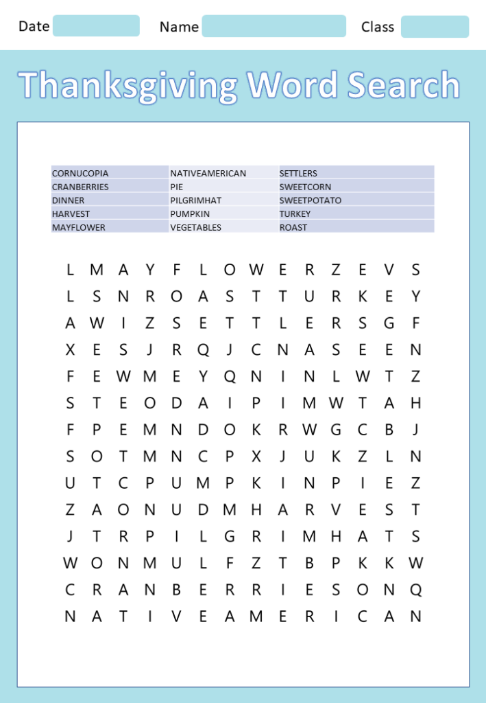 Thanksgiving Day Word Search