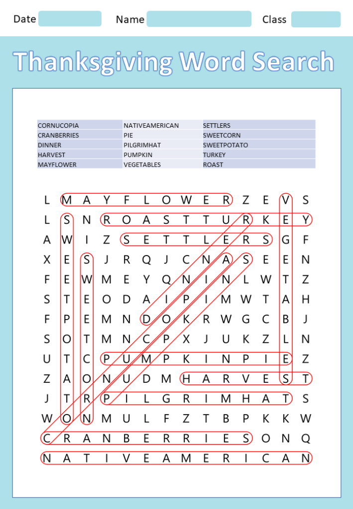 Thanksgiving Day Word Search Solutions