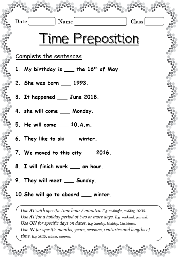 Worksheet on Time Preposition - Your Home Teacher