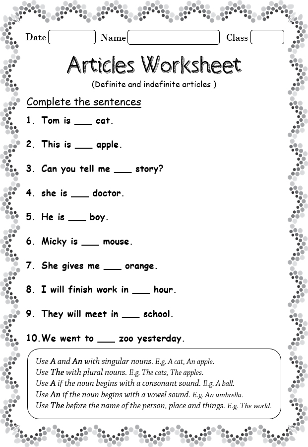 Worksheet On Definite And Indefinite Articles Your Home Teacher