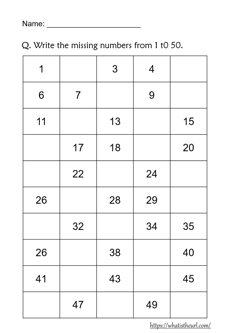 Write the missing numbers 1 to 50