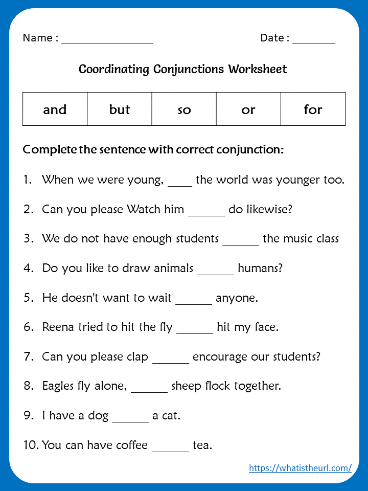 Coordinating Conjunctions Worksheet Worksheets For Kindergarten