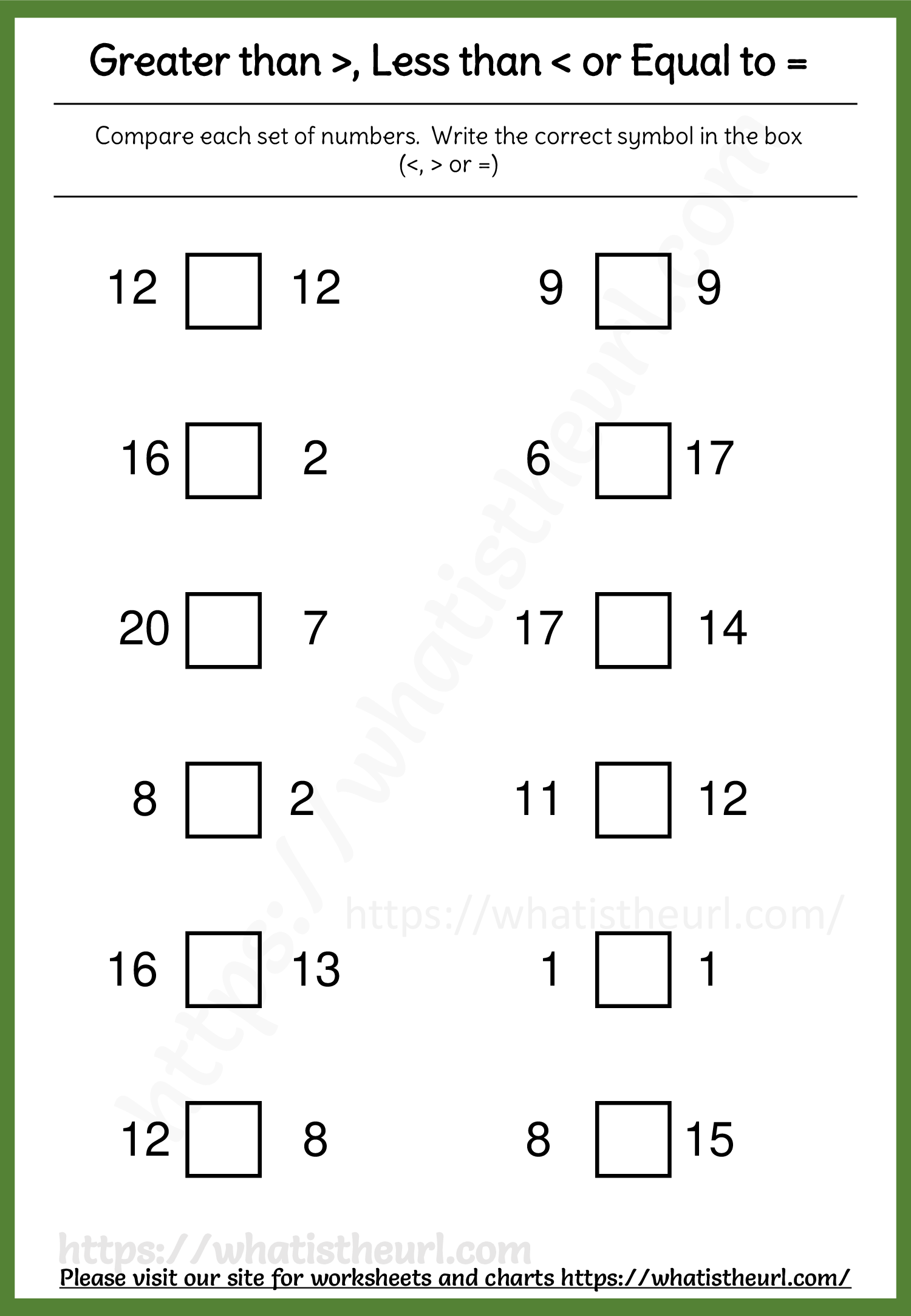 Greater than > , Less than < or Equal to Worksheet