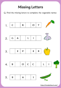 Missing Letters | Vegetables Worksheets