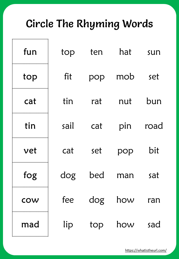 Rhyming Words In English For Class 1