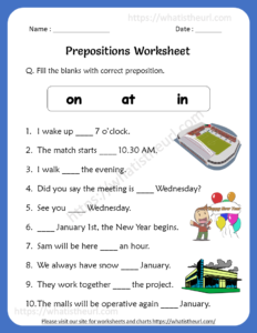 Preposition Worksheets for 4th Grade