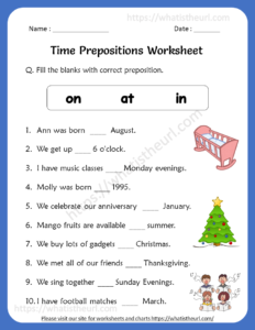 Time Prepositions Worksheets for 5th Grade
