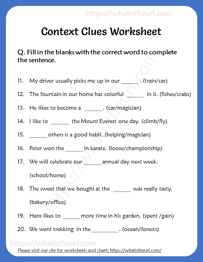 Reading Context Clues Worksheet