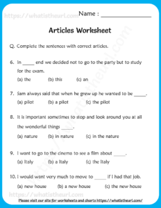 Articles Worksheets for Grade 4
