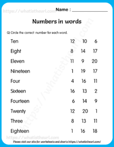 Number as Words (1-20) Worksheet for Grade 1