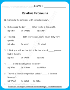 Relative Pronouns Worksheets for Grade 4