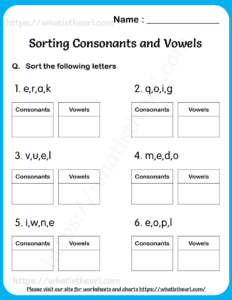 Worksheets on Sorting Consonants and Vowels for Grade 1