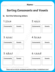 Worksheets on Sorting Consonants and Vowels for Grade 1