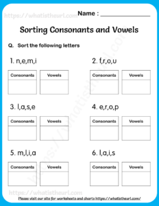 Worksheets on Sorting Consonants and Vowels for Grade 1