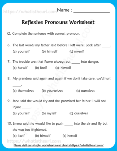 Reflexive Pronouns Worksheet for Grade 6