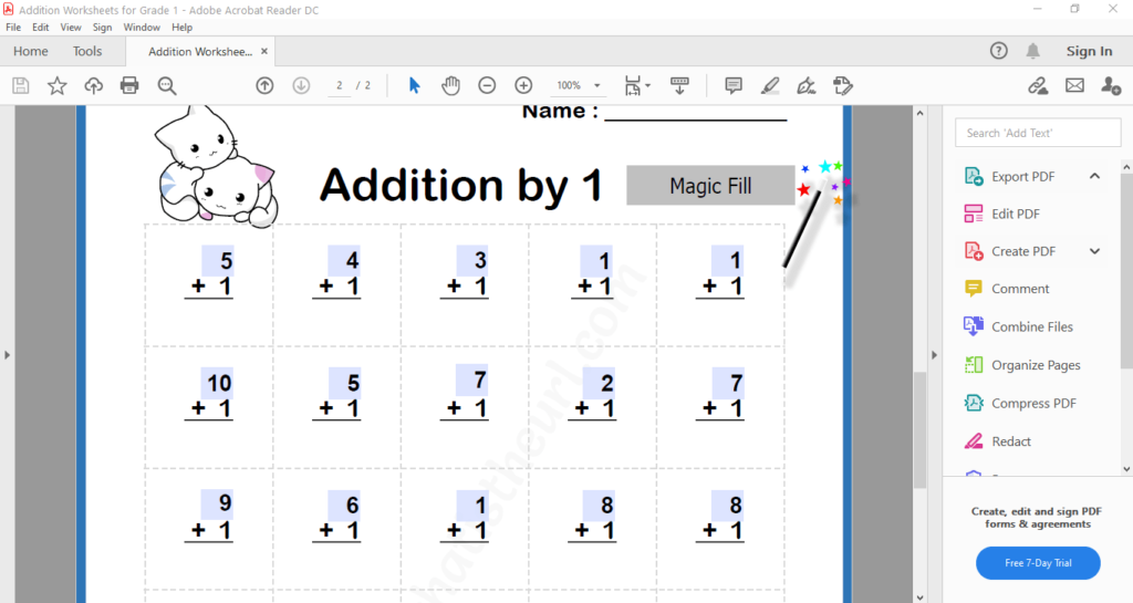 Addition by 1 magical fillable worksheet