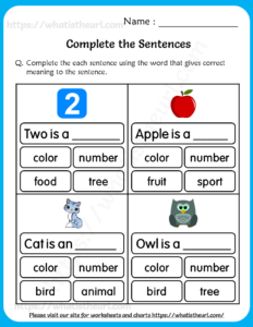 Complete the Sentences Worksheets for Grade 1