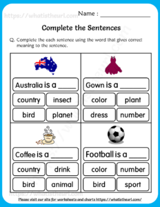 Complete the Sentences Worksheets for Grade 1