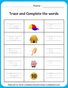 Trace and Complete the Words - Worksheets for Grade 1