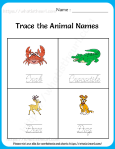 Trace the Animal Names Worksheets for Kids