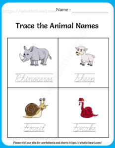 Trace the Animal Names Worksheets for Kids