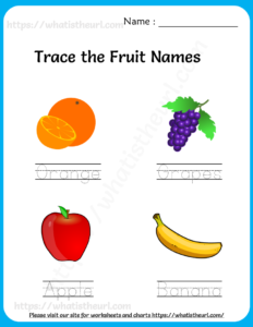Trace the Fruit Names Worksheets for Kids