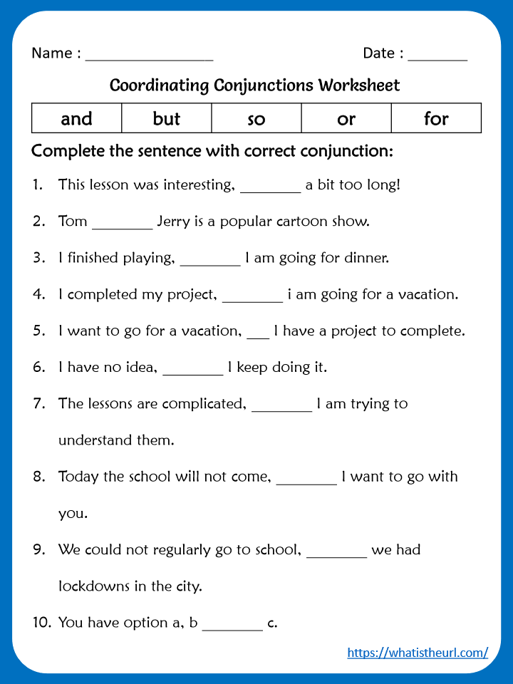 Conjunctions Online Worksheet For Class 6