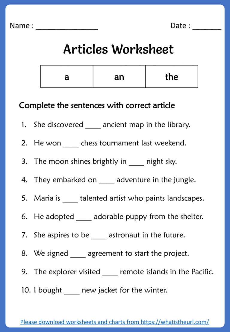 Articles (a an and the) Worksheet for grade 3 - Your Home Teacher