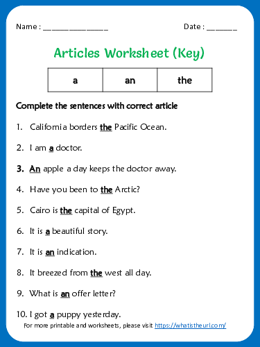 Articles Worksheet For Grade 3 With Answers Pdf