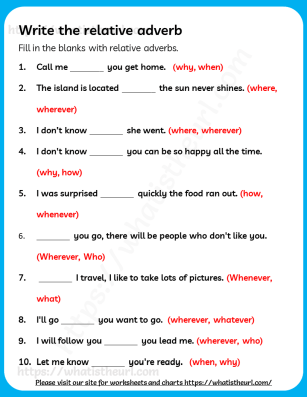 Relative Adverbs for Grade 4 - Questions
