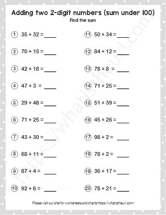 Adding two 2-digit numbers (sum under 100) worksheets