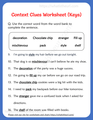 Context Clues Worksheet (G3) - release 2 - answers 9 to 16