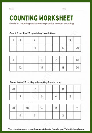 Counting Worksheet for numbers 1 to 20