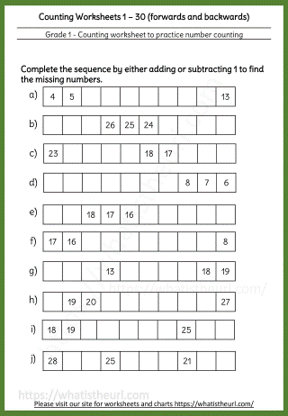 Grade 1 Counting Worksheets 1-30 with Forwards & Backwards