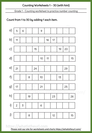 Grade 1 Counting Worksheets within 1-30, with hint