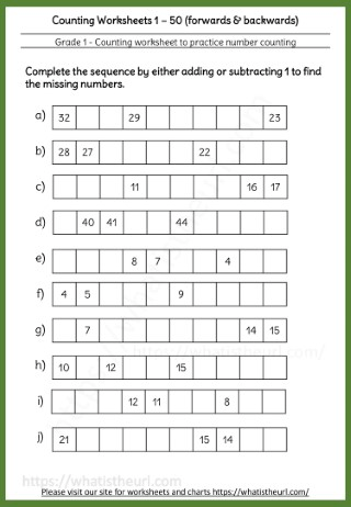 Grade 1 Counting Worksheets 1-50 Forwards & Backwards
