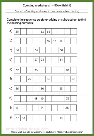 Grade 1 Counting Worksheets within 1-50 with hint