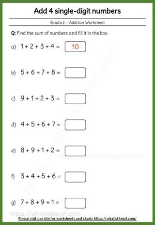 Adding 4 single-digit numbers - Worksheet-02