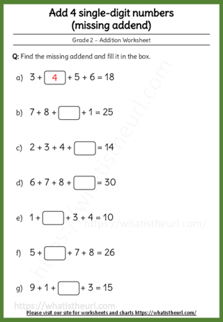 Adding 4 single-digit numbers (missing addend) - Worksheet-02