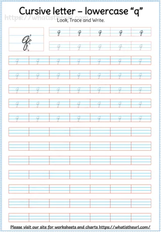Lowercase Cursive Letter q worksheet preview Lowercase Cursive Letter q worksheet preview