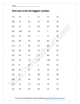 Find and circle the biggest number - Mental Math for Grade 1 worksheet preview