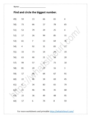 Find and circle the biggest number - Mental Math for Grade 1 worksheet preview