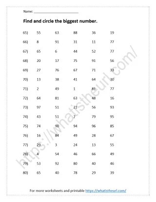 Find and circle the biggest number - Mental Math for Grade 1 worksheet preview