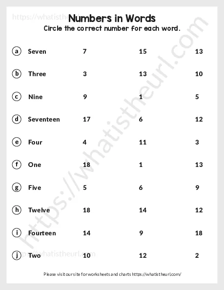 Number as Words (1-20) Worksheet for Grade 1 – Exercise 15 worksheet preview