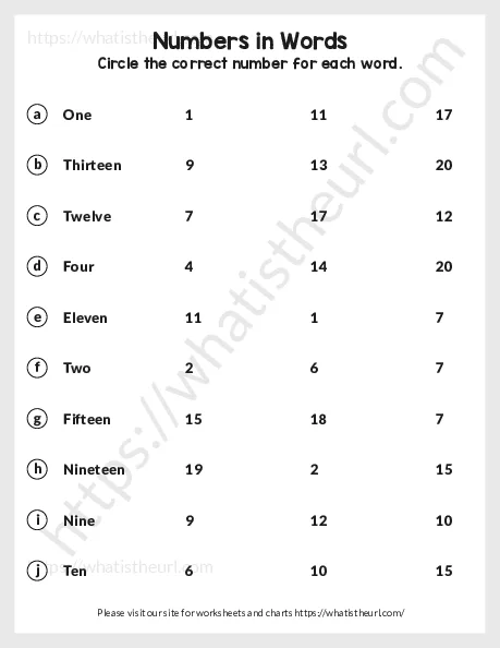 Number as Words (1-20) Worksheet for Grade 1 – Exercise 15 worksheet preview