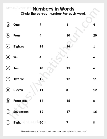 Number as Words (1-20) Worksheet for Grade 1 – Exercise 15 worksheet preview