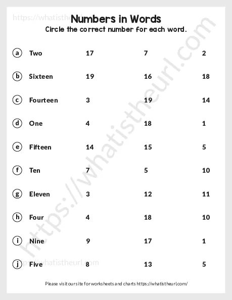 Number as Words (1-20) Worksheet for Grade 1 – Exercise 15 worksheet preview
