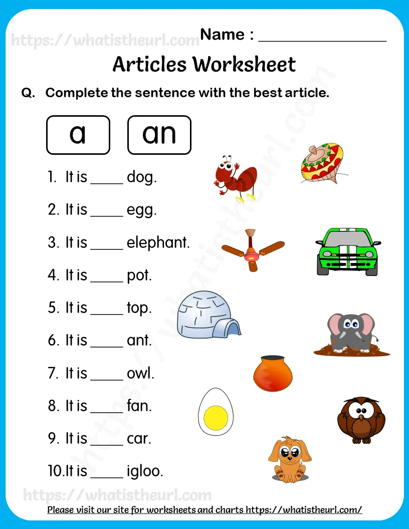 Articles Worksheet for Grade 2 – Choose the Best One from A or An worksheet preview