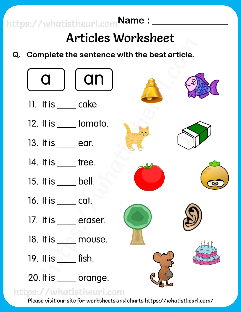 Articles Worksheet for Grade 2 – Choose the Best One from A or An worksheet preview