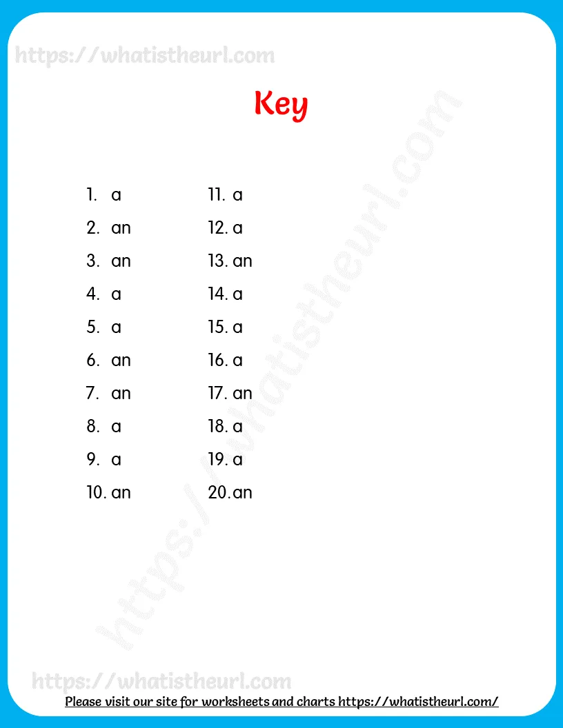 Articles Worksheet for Grade 2 – Choose the Best One from A or An worksheet preview